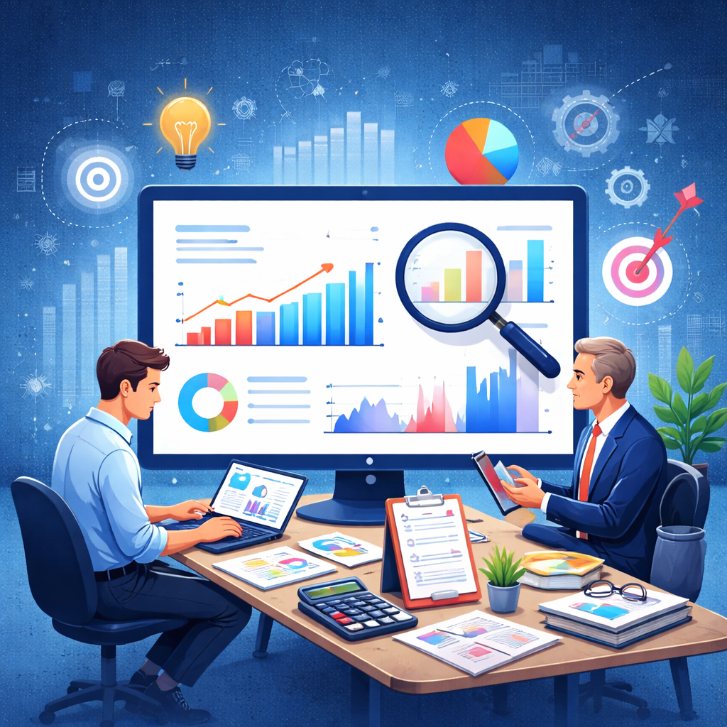 "Ilustração digital representando a relação entre inteligência artificial e análise estatística com gráficos e redes de dados em fundo azul."