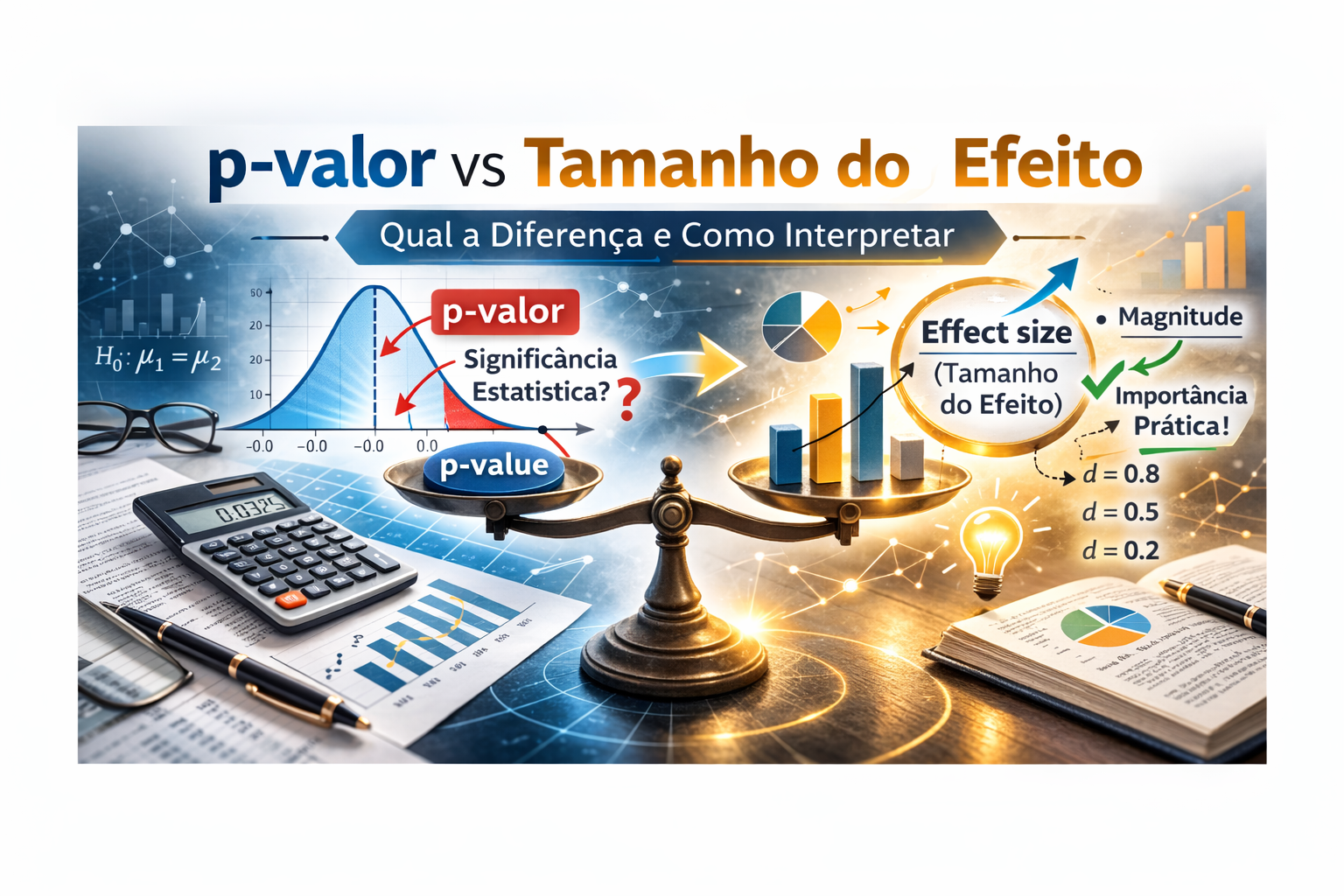 Distinguir o valor p (p-value) e o tamanho do efeito (effect size) é fundamental em análise estatistica e prática muito comum e recorrente na investigação e artigos científicos de estudos quantitativos