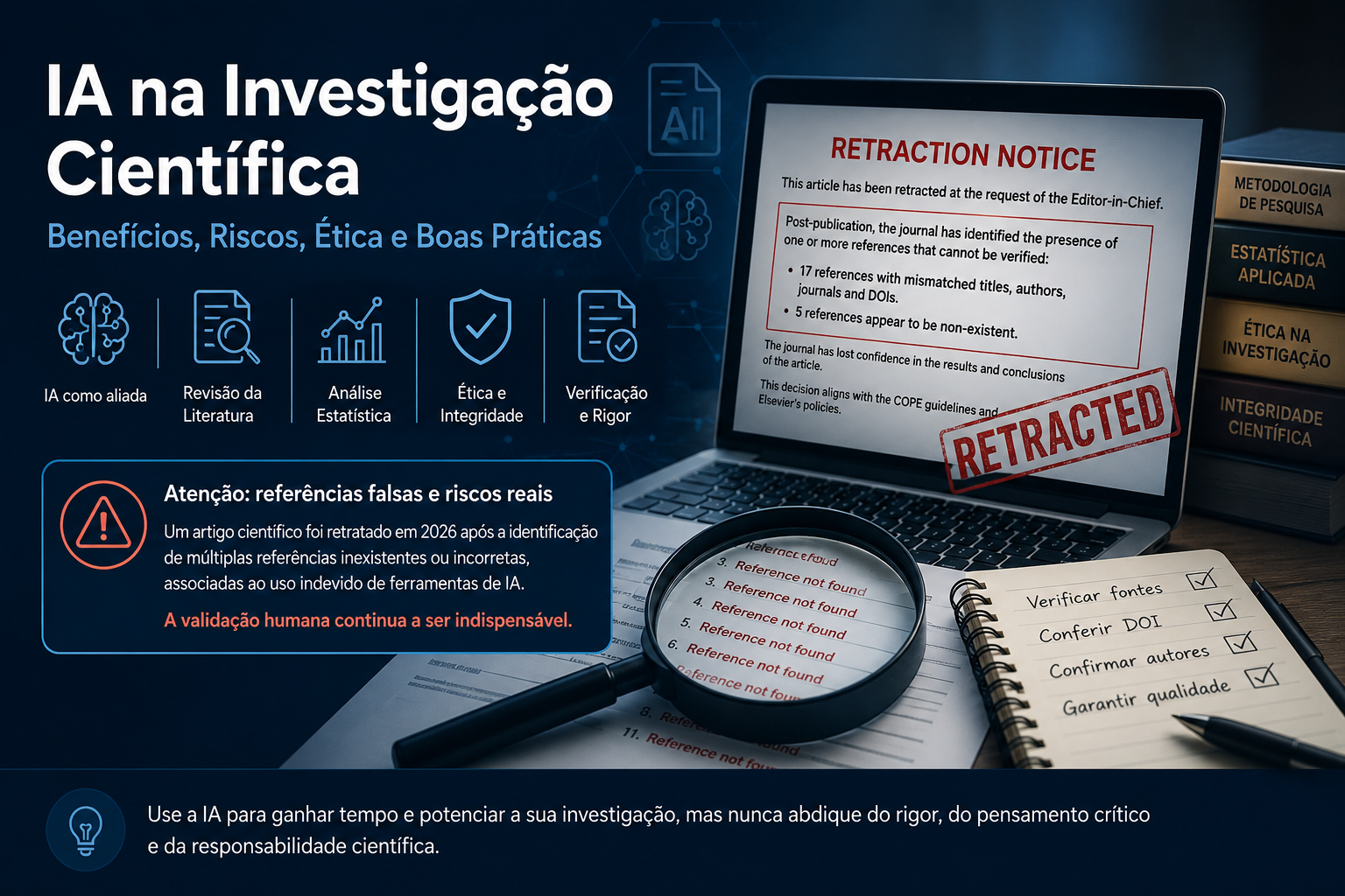 Ilustração sobre Inteligência Artificial na investigação científica, destacando benefícios, riscos, ética, integridade científica e a importância da validação humana das referências bibliográficas.