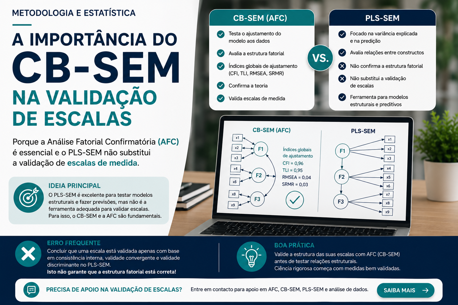 Comparação entre CB-SEM (AFC) e PLS-SEM na validação de escalas e modelos estruturais em investigação científica.
