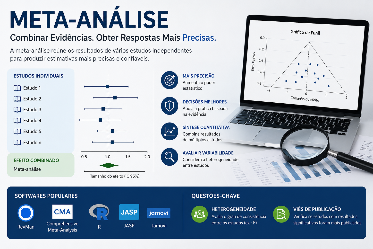 Infográfico sobre meta-análise, mostrando a combinação de resultados de vários estudos, forest plot, gráfico de funil, softwares utilizados e conceitos como heterogeneidade e viés de publicação.